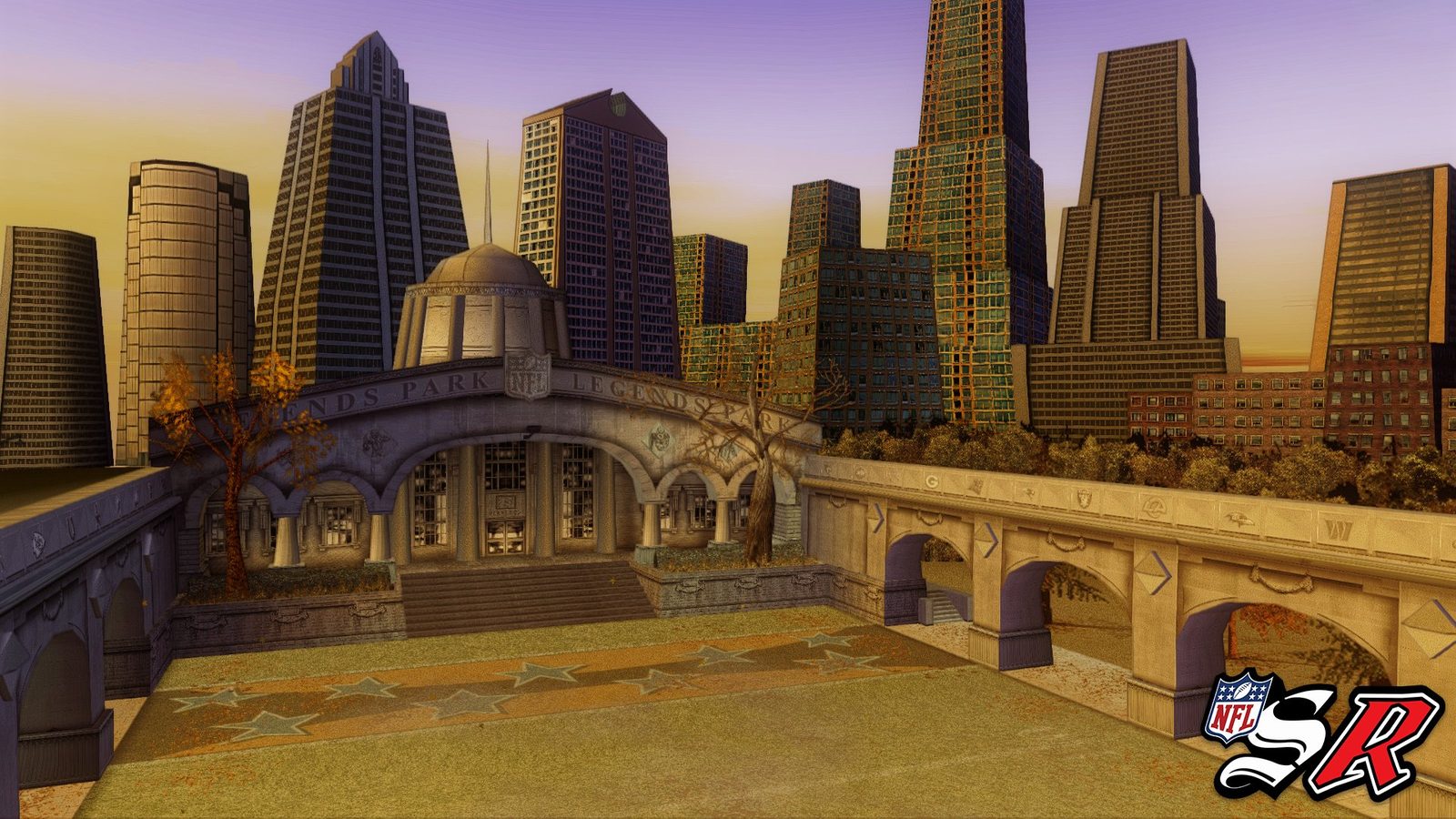 Legends Park — the plaza and city skyline behind it