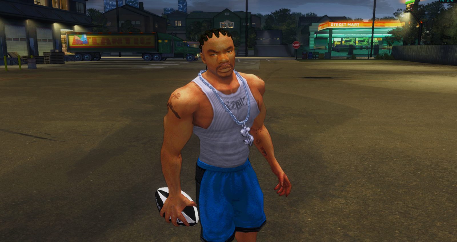 Your created player in the city hub, ball in hand