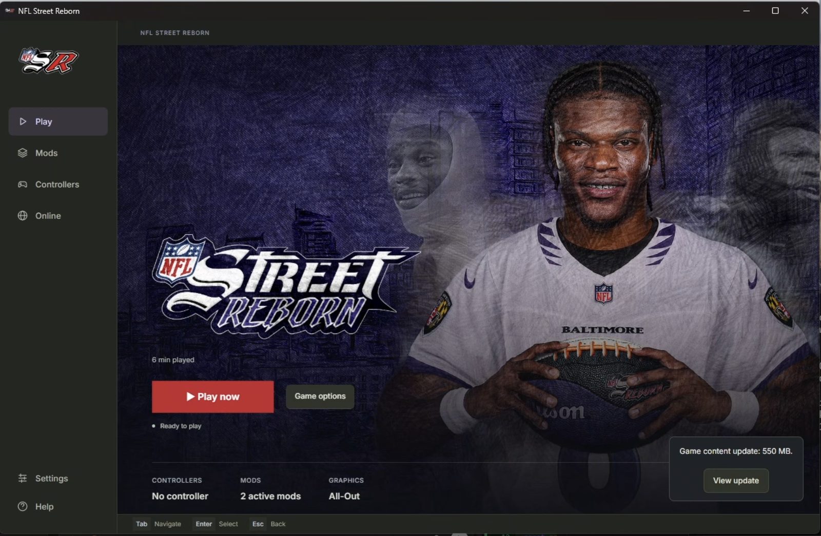 The NFL Street Reborn launcher, showing Play now, mods, controllers and online