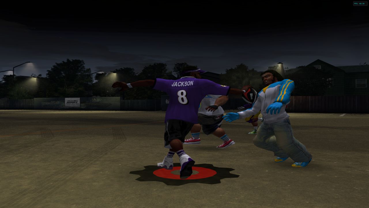 A quarterback stiff-arming a defender